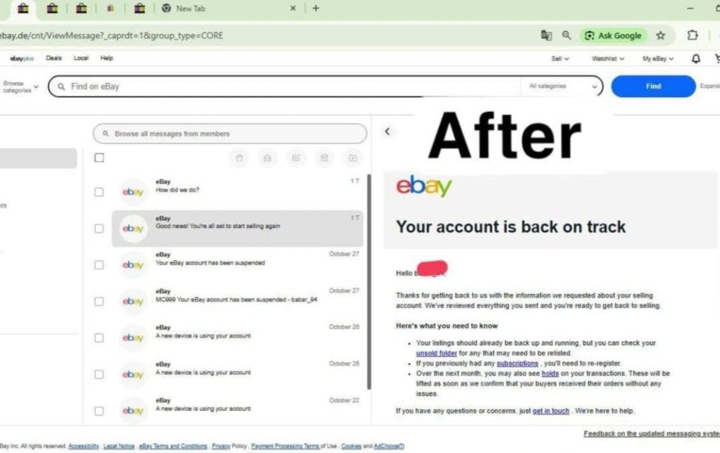 eBay Account Back On Track Notice